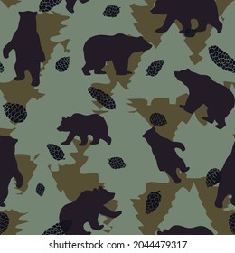 Forest camouflage pattern, bear and cones seamless background. Fashionable new camouflage design