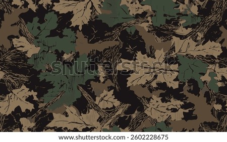 Forest Camouflage Pattern with oak leaves and branches in earthy tones of brown, green, and black, creating a nature-inspired camouflage ideal for outdoor, hunting, and tactical applications.