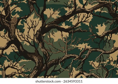 Forest camouflage. Seamless pattern. Branches, green and brown bark. Useable for hunting and military purposes. Hunting camouflage pattern