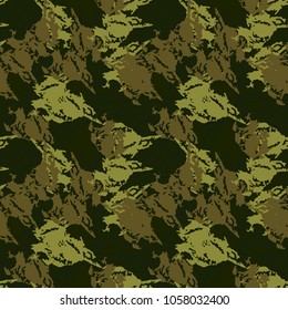 Forest camouflage seamless pattern. Modern clothing style, masking grunge vector camo, repeat print, background or backdrop. Forest texture in green and olive colors.