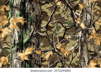 Forest Camouflage Seamless Pattern with Real Tree Details for Tactical Gear