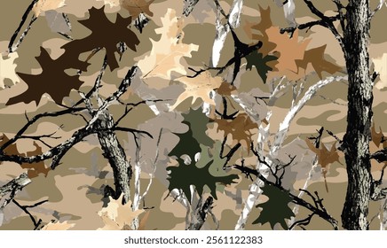 Forest camouflage. Seamless pattern. Trees, branches, green and brown oak leaves. Useable for hunting and military purposes. Hunting camo pattern. Tree vector camouflage