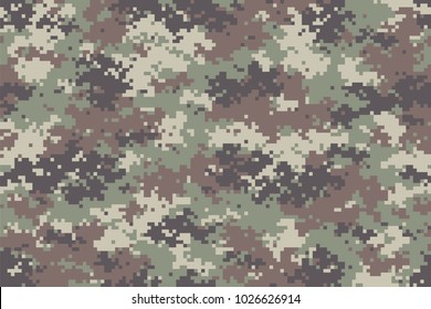 Forest camouflage seamless pattern. Trendy style pixel camo, repeat print. Vector illustration.