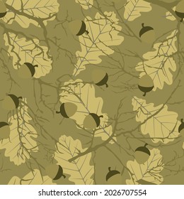 Forest camouflage from tree branches, acorns, leaves. Forest pattern. Print for clothes. Hunting and fishing.