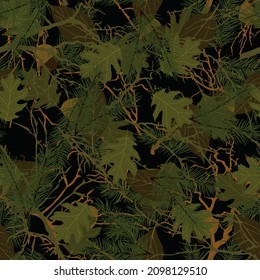 Forest camouflage. Tree branches, leaves, acorns, Christmas trees. Pattern for clothing, various products.