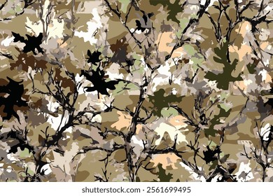 Forest camouflage. Tree branches, leaves, Christmas trees. Pattern for clothing, various products. Hunting camouflage seamless pattern background