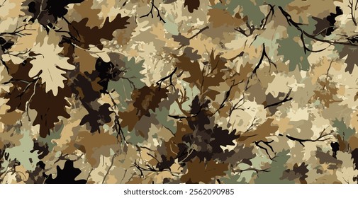 Forest camouflage. Tree branches, leaves. Hunting camouflage with maple leaves texture. Pattern for clothing, various products.