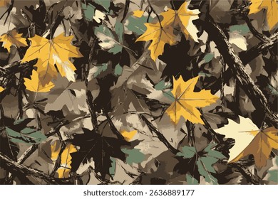 Forest camouflage. Tree branches, leaves, Christmas trees. Pattern for clothing, various products. Hunting camouflage seamless pattern background