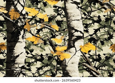 Forest camouflage. Tree branches, leaves, trees. Pattern for clothing and various products. Hunting camouflage seamless pattern background