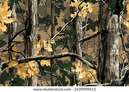 Forest camouflage. Tree branches, leaves, trees. Pattern for clothing and various products. Hunting camouflage seamless pattern background. Digital camouflage. Abstract camo