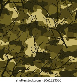 Forest camouflage with tree branches. Nature. Hunting and fishing. Active recreation. Vector illustration.