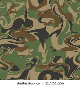 Forest camouflage. Vague abstract spotted seamless pattern. Uneven edges hide the shape and outline of masked object. Green, brown, olive, black coloring. Military woodland style camo for uniforms.