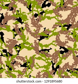 Forest camouflage of various shades of beige, black, green and brown colors. It is a colorful seamless pattern that can be used as a camo print for clothing and background and backdrop or wallpaper