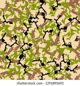 Forest camouflage of various shades of beige, black, green and brown colors. It is a colorful seamless pattern that can be used as a camo print for clothing and background and backdrop or wallpaper