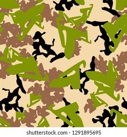 Forest camouflage of various shades of beige, black, green and brown colors. It is a colorful seamless pattern that can be used as a camo print for clothing and background and backdrop or wallpaper