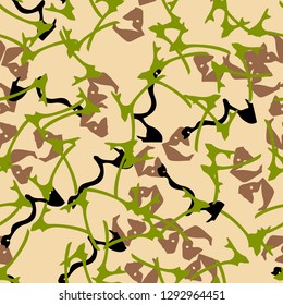 Forest camouflage of various shades of beige, black, green and brown colors. It is a colorful seamless pattern that can be used as a camo print for clothing and background and backdrop or wallpaper