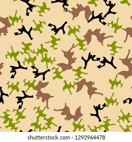Forest camouflage of various shades of beige, black, green and brown colors. It is a colorful seamless pattern that can be used as a camo print for clothing and background and backdrop or wallpaper