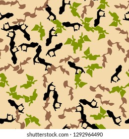 Forest camouflage of various shades of beige, black, green and brown colors. It is a colorful seamless pattern that can be used as a camo print for clothing and background and backdrop or wallpaper