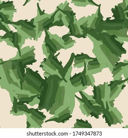 Forest camouflage of various shades of beige and green colors. It is a colorful seamless pattern that can be used as a camo print for clothing and background and backdrop or computer wallpaper