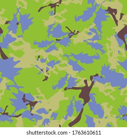 Forest camouflage of various shades of blue, green and brown colors. It is a colorful seamless pattern that can be used as a camo print for clothing and background and backdrop or computer wallpaper