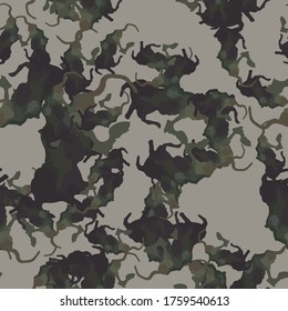 Forest camouflage of various shades of brown, green and grey colors. It is a colorful seamless pattern that can be used as a camo print for clothing and background and backdrop or computer wallpaper