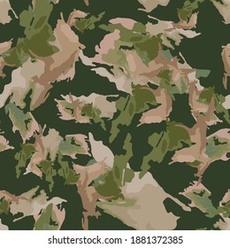 Forest camouflage of various shades of brown, beige and green colors. It is a colorful seamless pattern that can be used as a camo print for clothing and background and backdrop or computer wallpaper