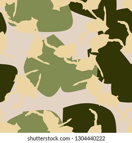 Forest camouflage of various shades of green, beige and yellow colors. It is a colorful seamless pattern that can be used as a camo print for clothing and background and backdrop or computer wallpaper