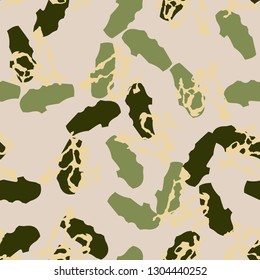 Forest camouflage of various shades of green, beige and yellow colors. It is a colorful seamless pattern that can be used as a camo print for clothing and background and backdrop or computer wallpaper