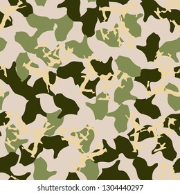 Forest camouflage of various shades of green, beige and yellow colors. It is a colorful seamless pattern that can be used as a camo print for clothing and background and backdrop or computer wallpaper