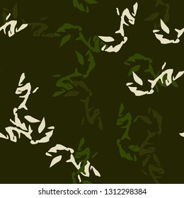 Forest camouflage of various shades of green and white colors. It is a colorful seamless pattern that can be used as a camo print for clothing and background and backdrop or computer wallpaper