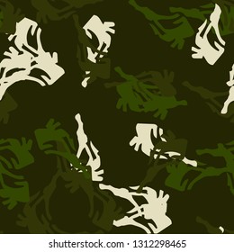 Forest camouflage of various shades of green and white colors. It is a colorful seamless pattern that can be used as a camo print for clothing and background and backdrop or computer wallpaper