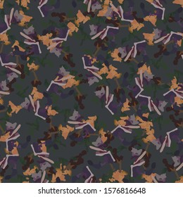 Forest camouflage of various shades of green, brown, violet and beige colors. It is a colorful seamless pattern that can be used as a camo print for clothing and background and backdrop or wallpaper