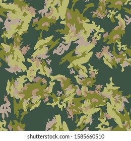 Forest camouflage of various shades of green, grey and beige colors. It is a colorful seamless pattern that can be used as a camo print for clothing and background and backdrop or computer wallpaper