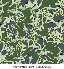 Forest camouflage of various shades of green, grey and beige colors. It is a colorful seamless pattern that can be used as a camo print for clothing and background and backdrop or computer wallpaper