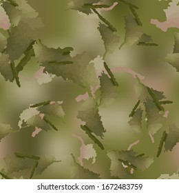 Forest camouflage of various shades of green and pink colors. It is a colorful seamless pattern that can be used as a camo print for clothing and background and backdrop or computer wallpaper