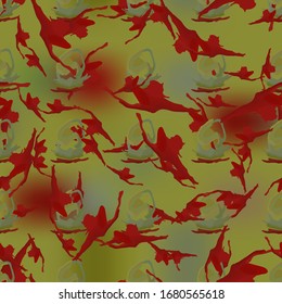 Forest camouflage of various shades of green and red colors. It is a colorful seamless pattern that can be used as a camo print for clothing and background and backdrop or computer wallpaper