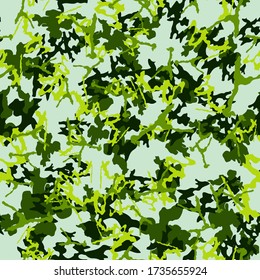 Forest camouflage of various shades of green and grey colors. It is a colorful seamless pattern that can be used as a camo print for clothing and background and backdrop or computer wallpaper