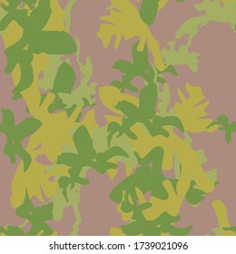 Forest camouflage of various shades of green, brown and yellow colors. It is a colorful seamless pattern that can be used as a camo print for clothing and background and backdrop or computer wallpaper