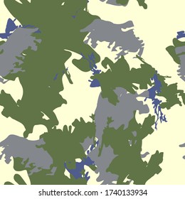 Forest camouflage of various shades of green, grey and blue colors. It is a colorful seamless pattern that can be used as a camo print for clothing and background and backdrop or computer wallpaper