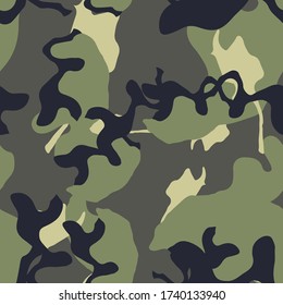 Forest camouflage of various shades of green, grey and blue colors. It is a colorful seamless pattern that can be used as a camo print for clothing and background and backdrop or computer wallpaper