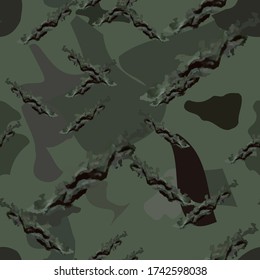 Forest camouflage of various shades of green and brown colors. It is a colorful seamless pattern that can be used as a camo print for clothing and background and backdrop or computer wallpaper
