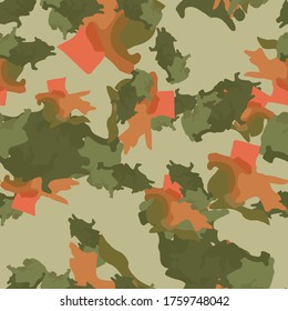 Forest camouflage of various shades of green, orange and brown colors. It is a colorful seamless pattern that can be used as a camo print for clothing and background and backdrop or computer wallpaper