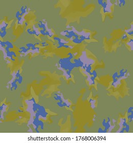 Forest camouflage of various shades of green, violet and blue colors. It is a colorful seamless pattern that can be used as a camo print for clothing and background and backdrop or computer wallpaper