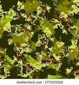 Forest camouflage of various shades of green, brown and yellow colors. It is a colorful seamless pattern that can be used as a camo print for clothing and background and backdrop or computer wallpaper