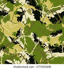 Forest camouflage of various shades of green, black and brown and white colors. It is a colorful seamless pattern that can be used as a camo print for clothing and background and backdrop or computer 