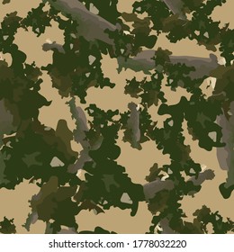 Forest camouflage of various shades of green, beige and grey colors. It is a colorful seamless pattern that can be used as a camo print for clothing and background and backdrop or computer wallpaper