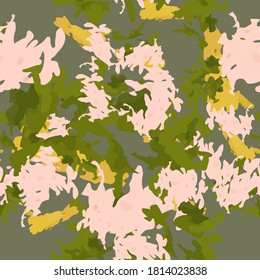 Forest camouflage of various shades of green, yellow and beige colors. It is a colorful seamless pattern that can be used as a camo print for clothing and background and backdrop or computer wallpaper