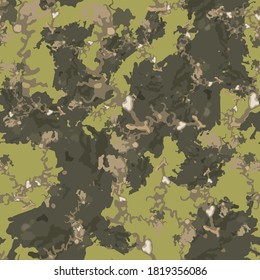 Forest camouflage of various shades of green, brown and white colors. It is a colorful seamless pattern that can be used as a camo print for clothing and background and backdrop or computer wallpaper