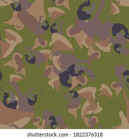 Forest camouflage of various shades of green, brown and violet colors. It is a colorful seamless pattern that can be used as a camo print for clothing and background and backdrop or computer wallpaper
