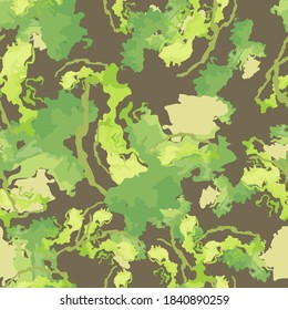 Forest camouflage of various shades of green, yellow and brown colors. It is a colorful seamless pattern that can be used as a camo print for clothing and background and backdrop or computer wallpaper